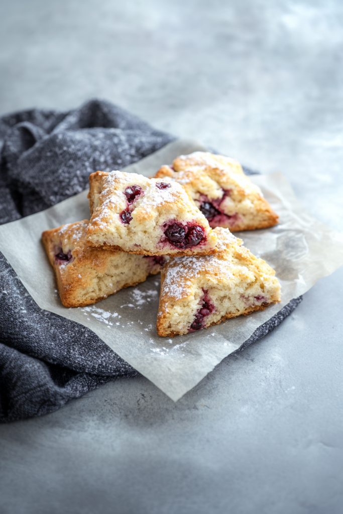 Final presentation of berry-studded scones highlighting their texture and warm, homemade appeal.