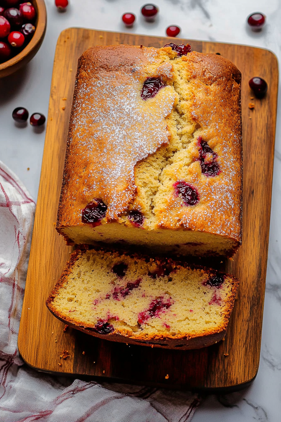 Golden loaf cake with tart cranberries and a light dusting of powdered sugar