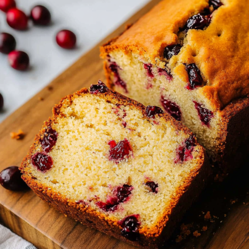 Sliced cranberry-studded loaf showing a soft, tender crumb
