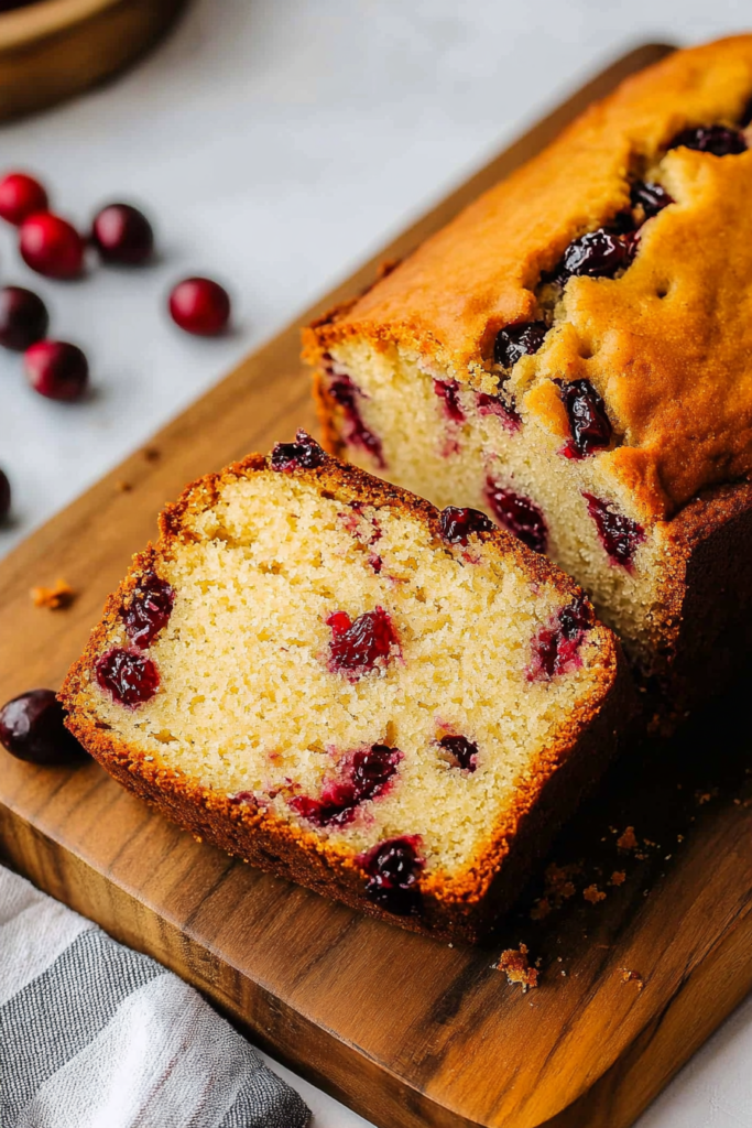 Sliced cranberry-studded loaf showing a soft, tender crumb