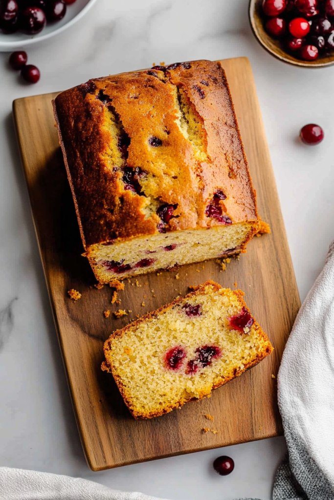 Moist loaf cake with juicy cranberries and a lightly cracked top