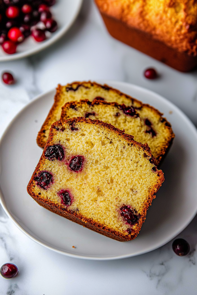 Golden loaf slices with cranberries on a white plate, highlighting the moist crumb and tart fruit.