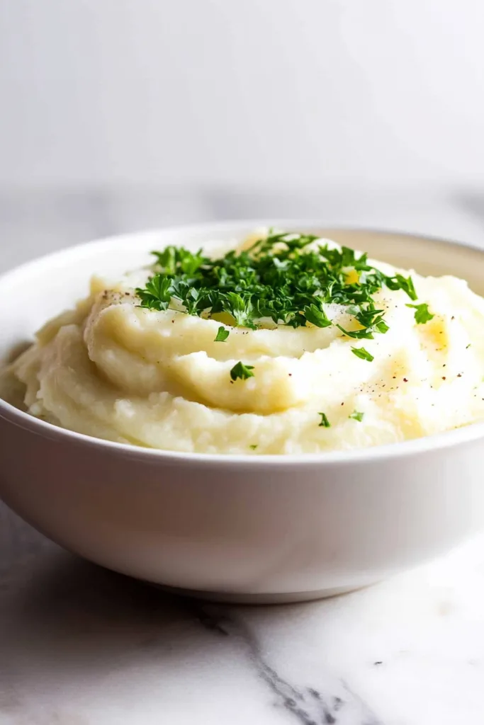 Homemade mashed potatoes with soft texture and herb garnish on top.