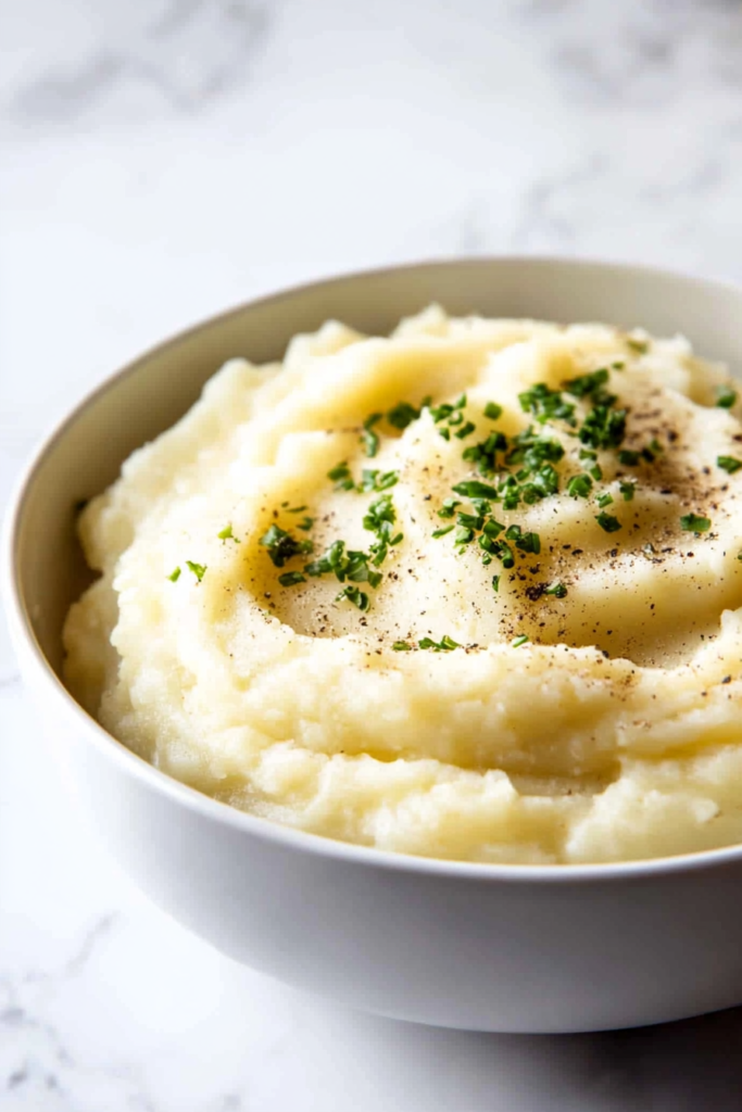 Fluffy mashed potatoes garnished with fresh thyme in a white serving bowl.