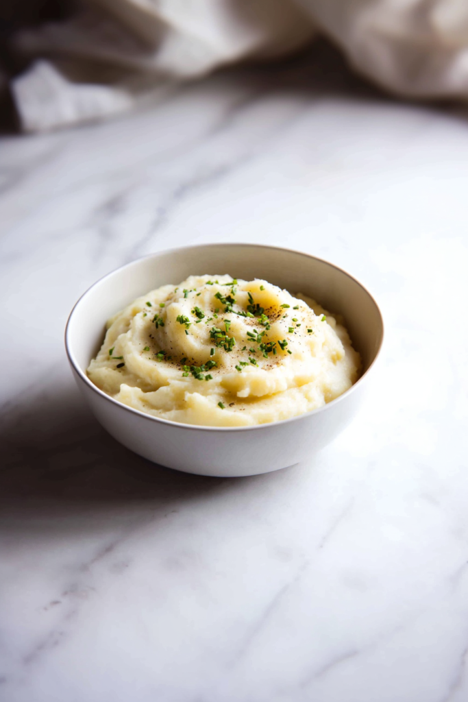Bowl of smooth mashed potatoes topped with butter, herbs, and cracked black pepper.