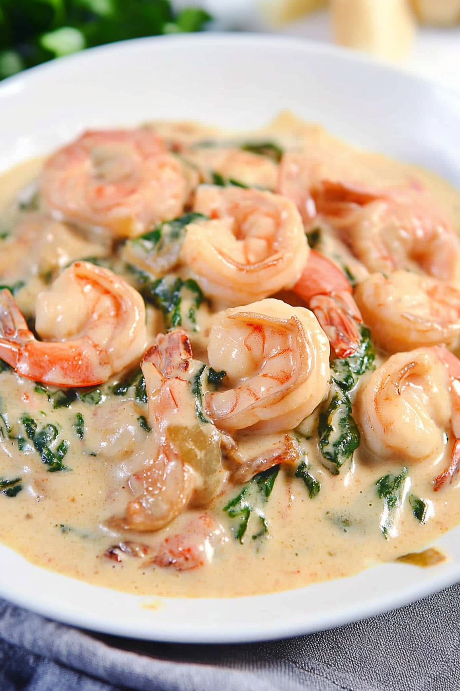 Close-up of pink shrimp coated in velvety cream sauce, garnished with fresh greens.