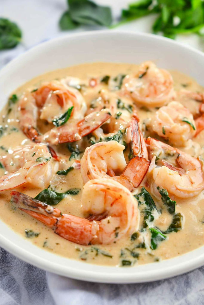 Plated shrimp in a creamy garlic sauce with wilted spinach and herbs.