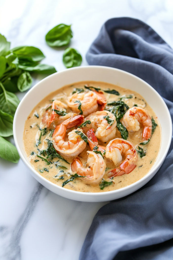 Seafood dish highlighting tender shrimp and rich cream base with vibrant herbs.
