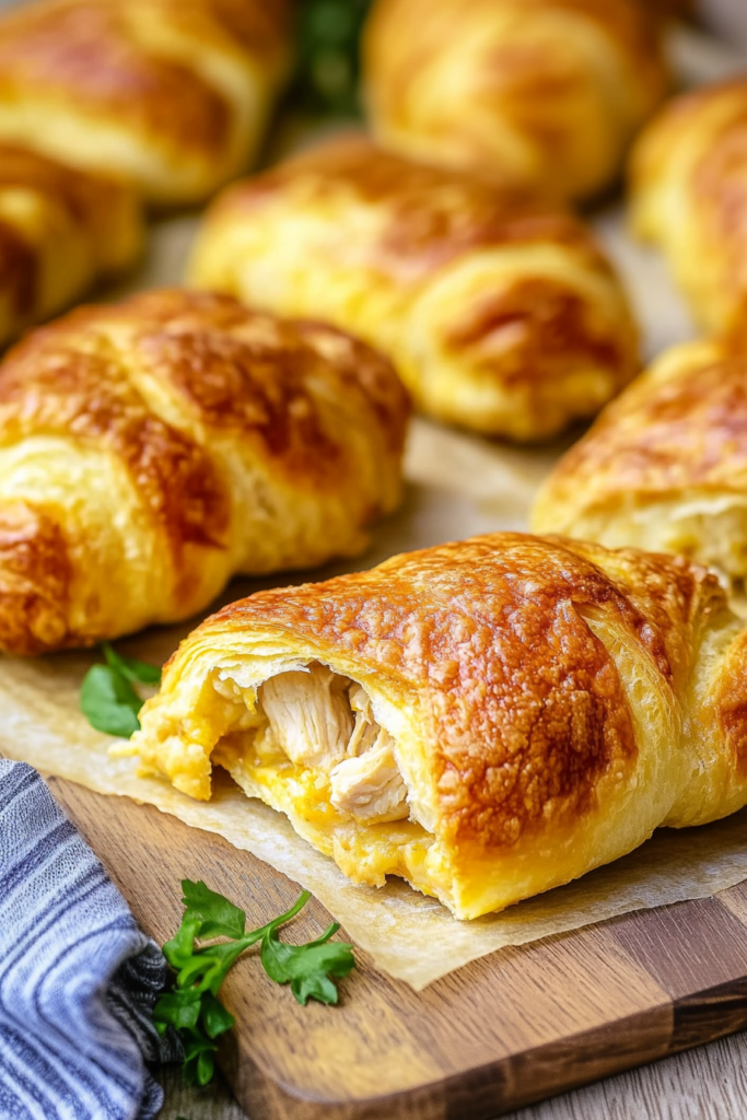 Rustic presentation of stuffed crescent rolls beside a striped kitchen cloth.