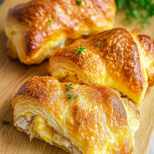 Golden baked roll-ups on a wooden board, filled with creamy chicken and herbs.