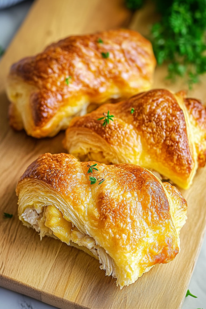Golden baked roll-ups on a wooden board, filled with creamy chicken and herbs.