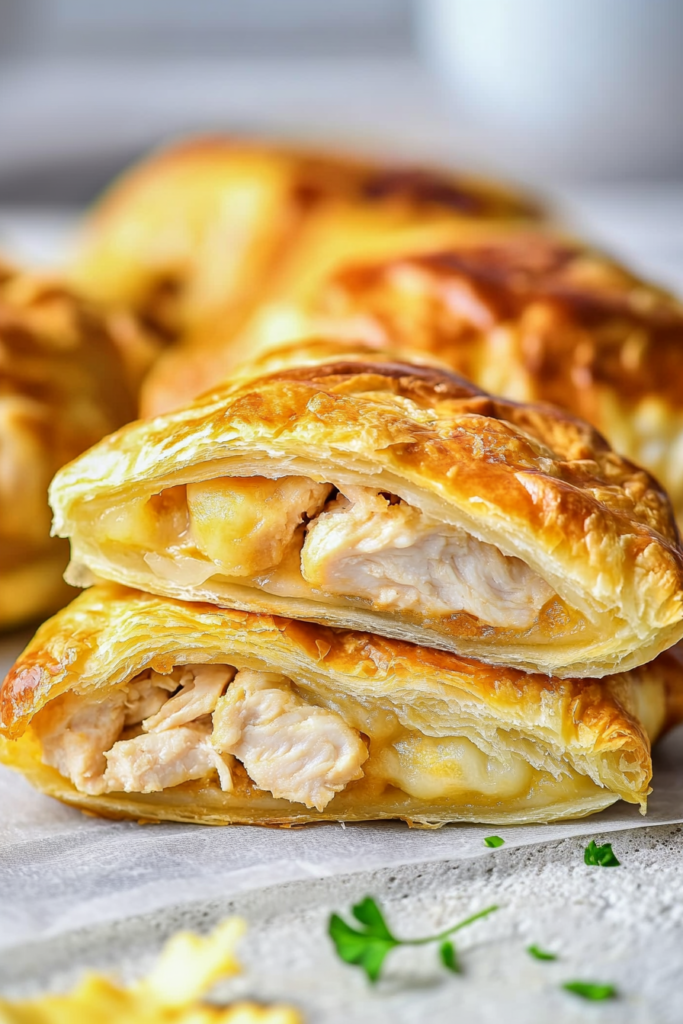 Close-up of flaky crescent rolls with melted cheese and savory chicken filling.