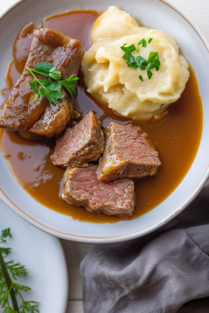 Tender beef chunks in rich brown gravy served alongside creamy mashed potatoes with parsley garnish.