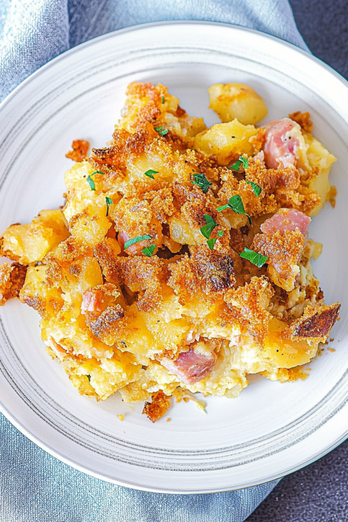 Creamy baked potato casserole topped with crispy crumbs and diced ham pieces