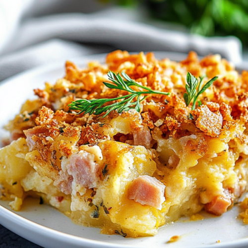 Cheesy potato bake with chunks of ham and a golden, crunchy topping