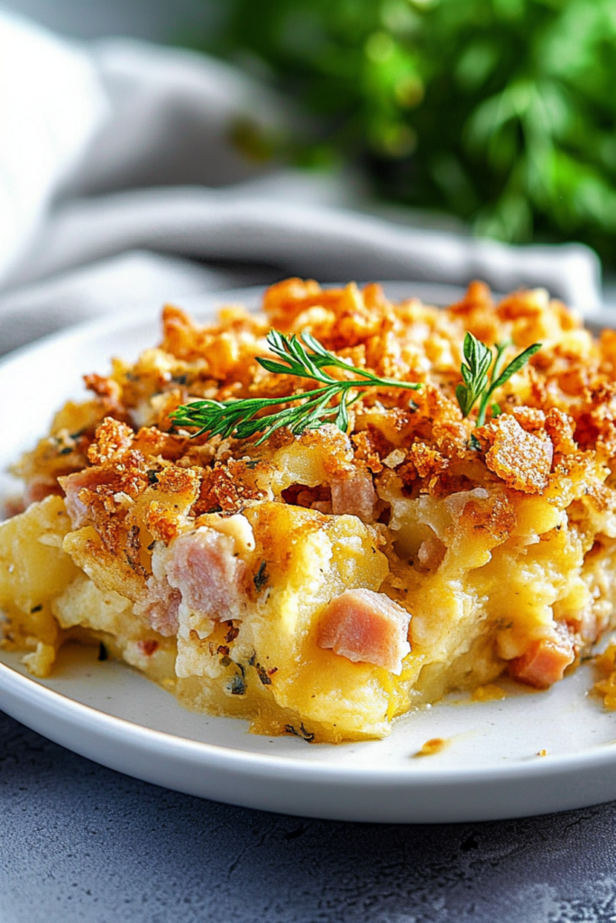 Cheesy potato bake with chunks of ham and a golden, crunchy topping
