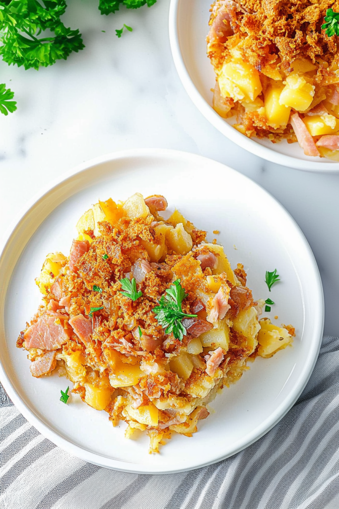 Rich and creamy potato dish with ham, melted cheese, and a crispy crust