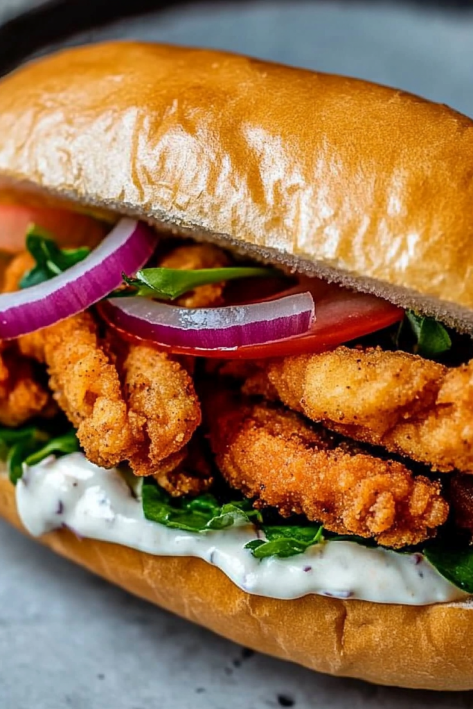 Close-up of crispy battered pieces layered with lettuce, tomato, and onion inside a soft roll.