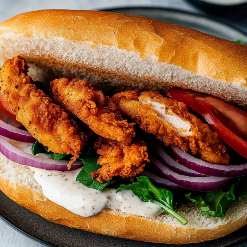 Savory sandwich showcasing fried seafood paired with greens and a drizzle of sauce.