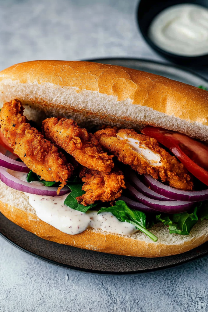 Savory sandwich showcasing fried seafood paired with greens and a drizzle of sauce.