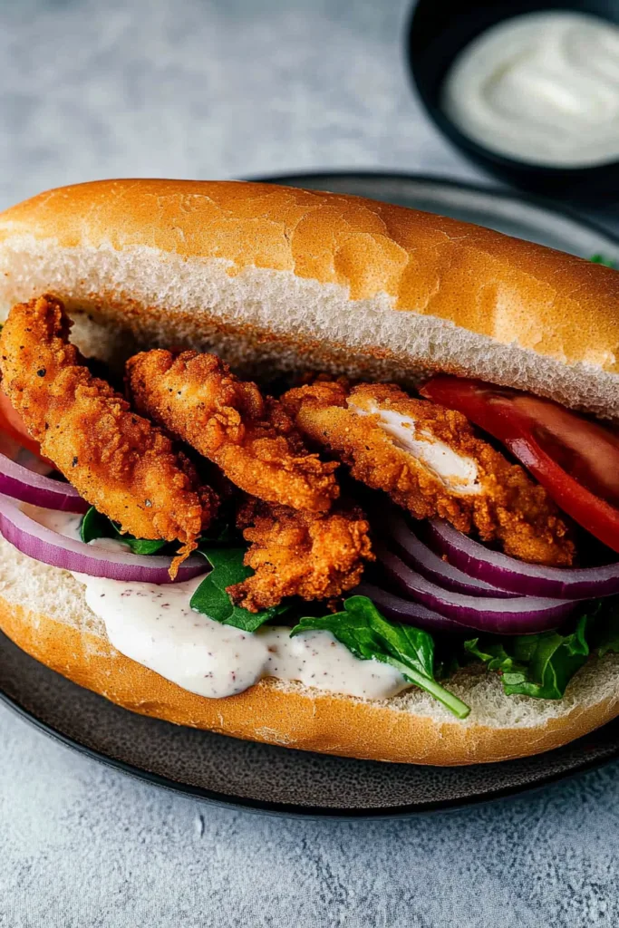 Savory sandwich showcasing fried seafood paired with greens and a drizzle of sauce.