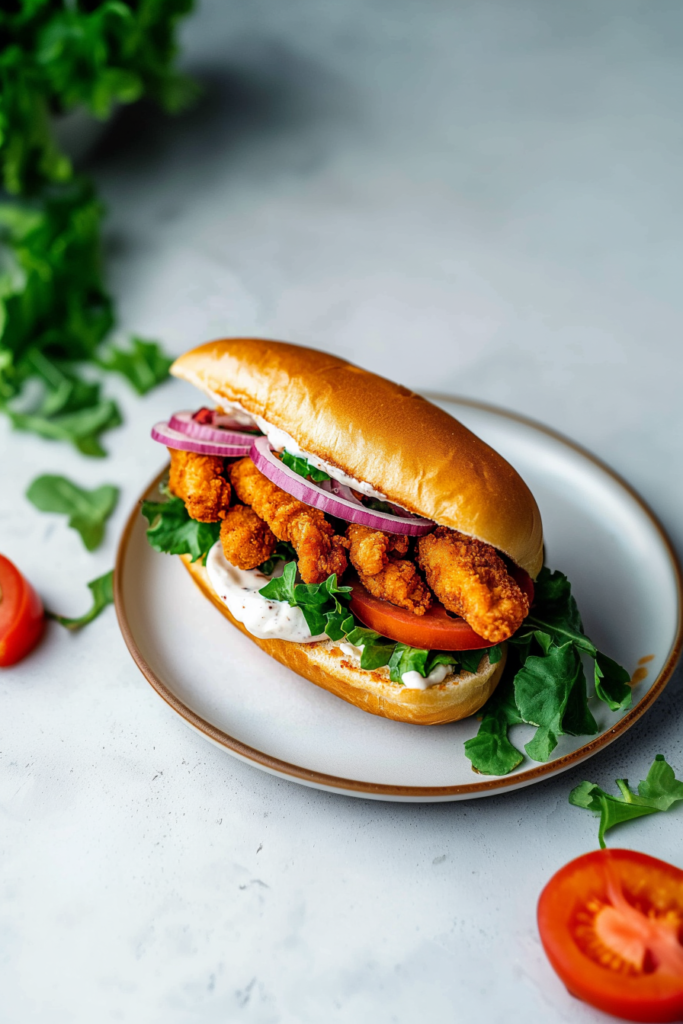 Final plated sandwich highlighting crunchy fried filling and vibrant fresh toppings.