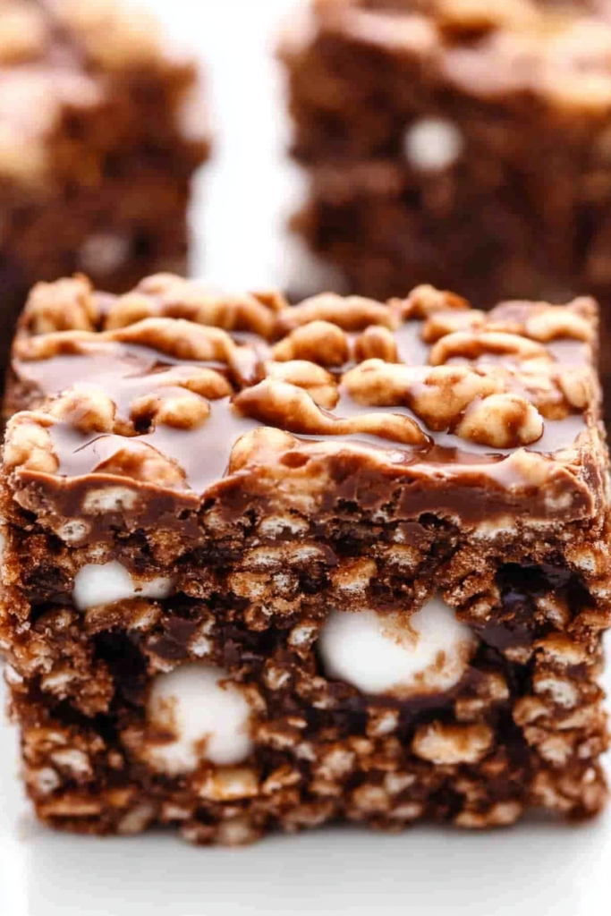 Fudgy chocolate squares topped with nuts and filled with chewy marshmallow bits.