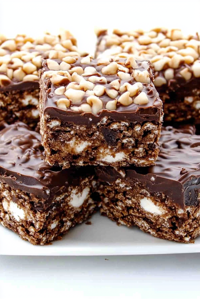 Stacked chocolate cereal bars topped with glossy chocolate and chopped peanuts.