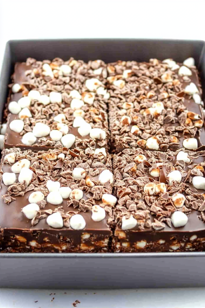 Rich chocolate bars with visible marshmallow pieces and a smooth chocolate layer.