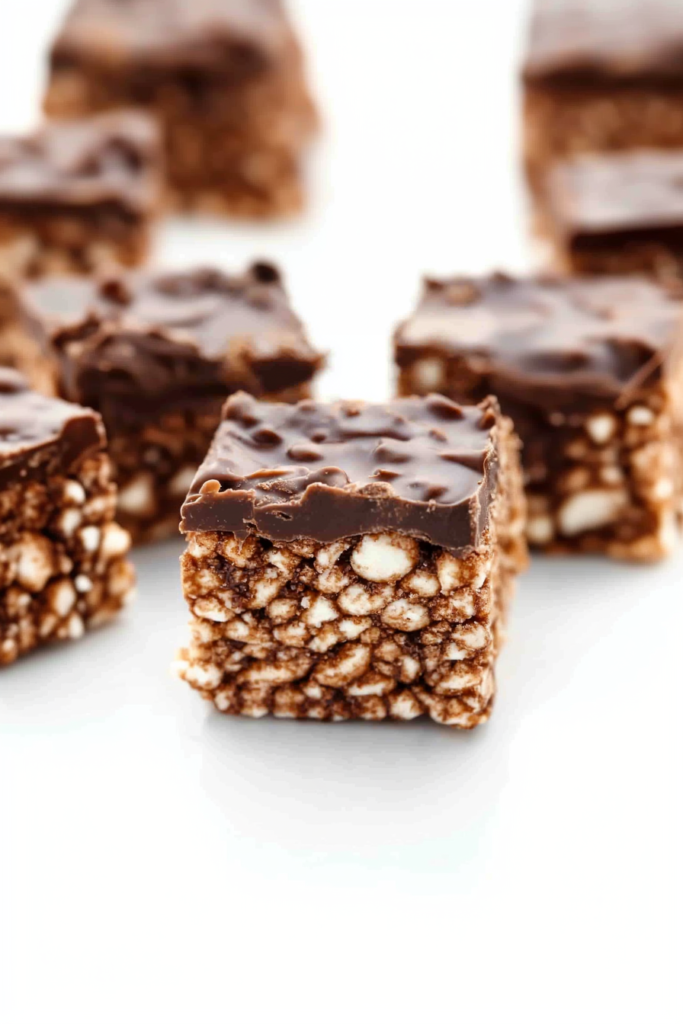 No-bake marshmallow squares with a thick chocolate topping and crunchy texture.