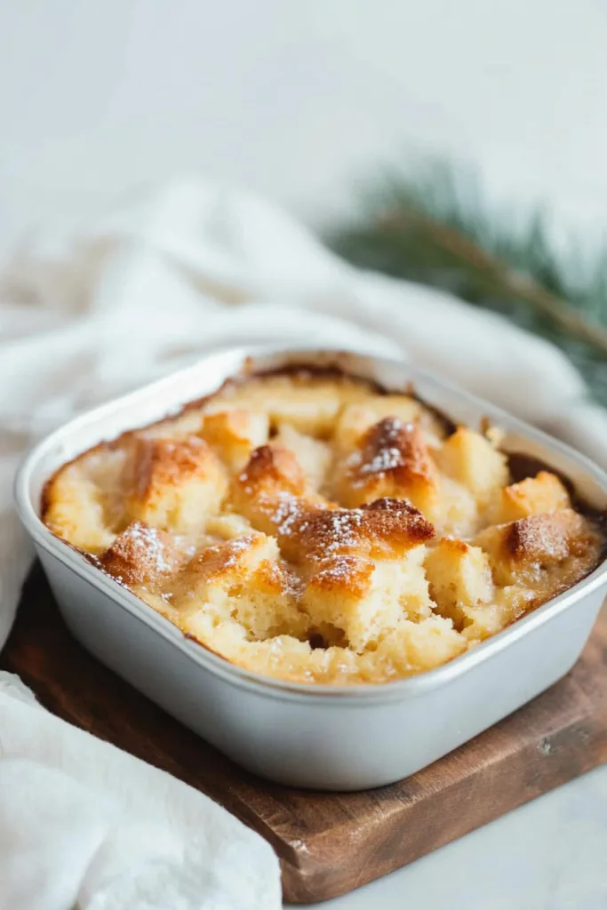 Warm bread pudding with a golden, crisp top served in a small baking dish
