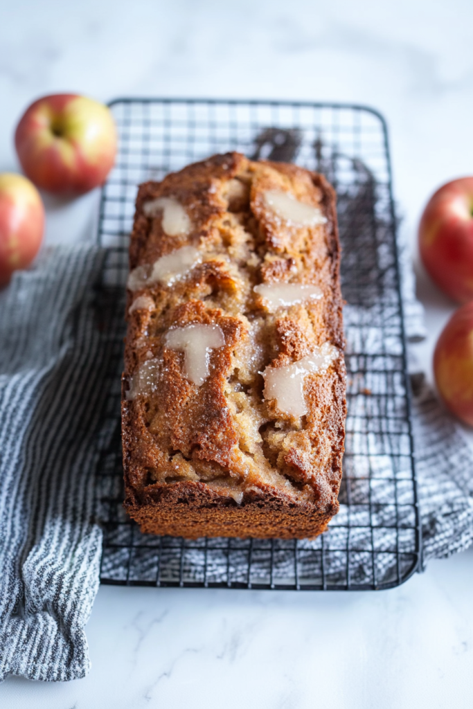 Homemade loaf topped with a glossy icing, resting on patterned cloth.
