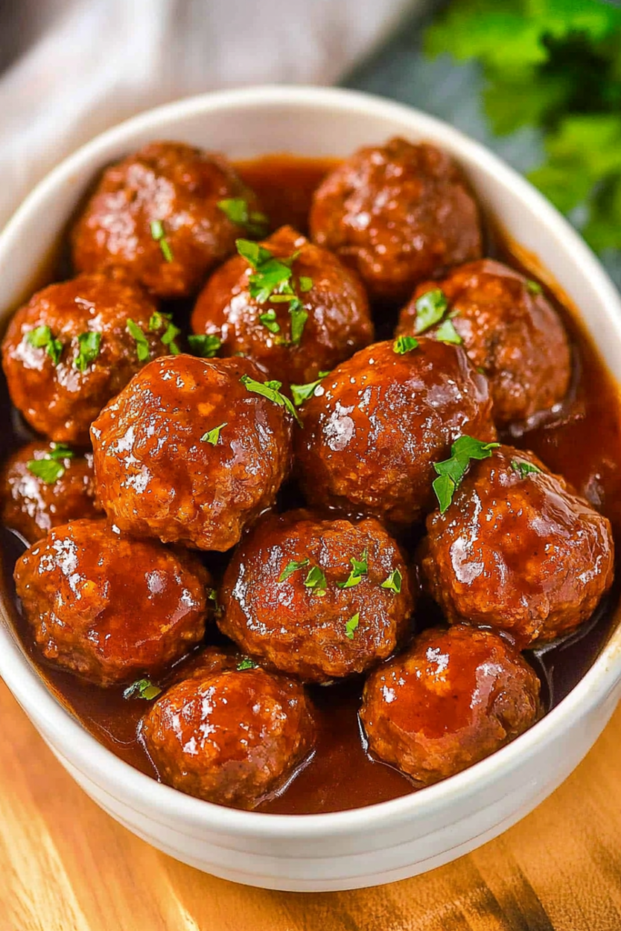 Final dish presentation of slow-cooked meatballs with a shiny, flavorful coating.
