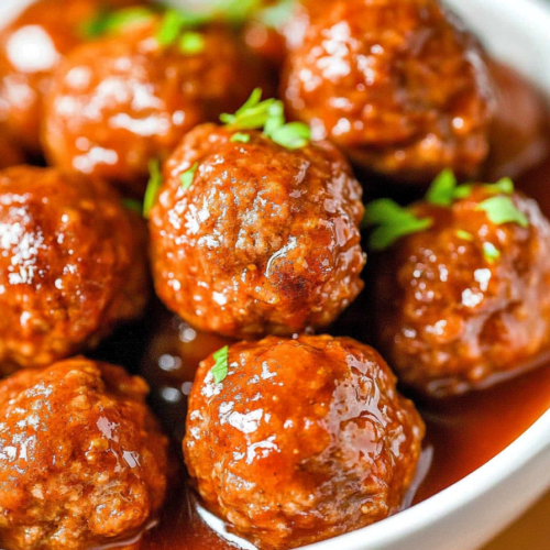 Warm meatballs served in a bowl, highlighting their juicy texture and herb garnish.