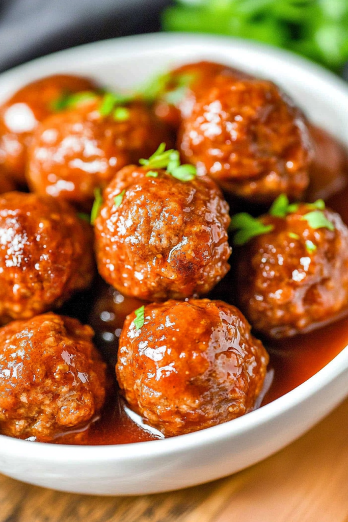 Warm meatballs served in a bowl, highlighting their juicy texture and herb garnish.
