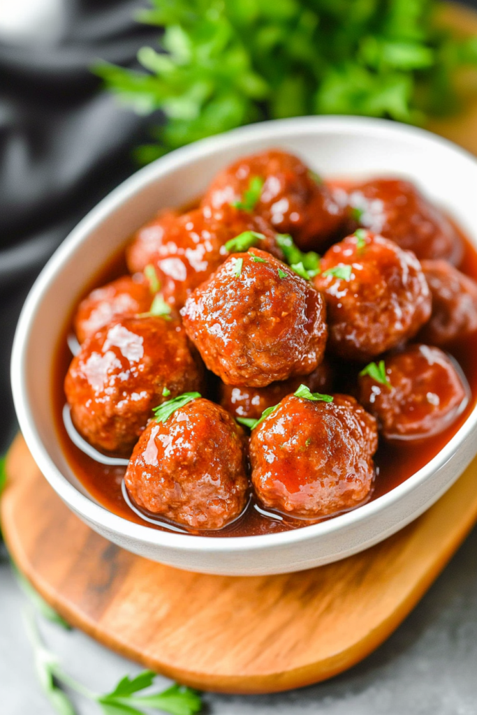 Plated meatballs in a deep red-brown sauce, garnished with chopped parsley.