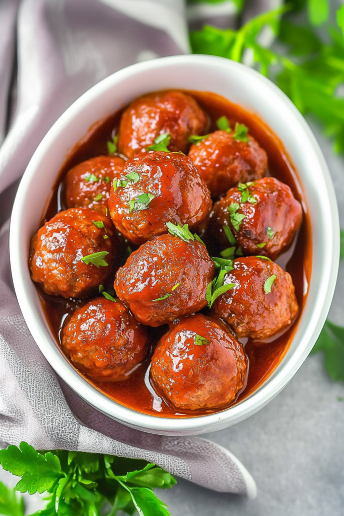 White bowl filled with tender meatballs coated in glossy sauce and sprinkled with fresh herbs.