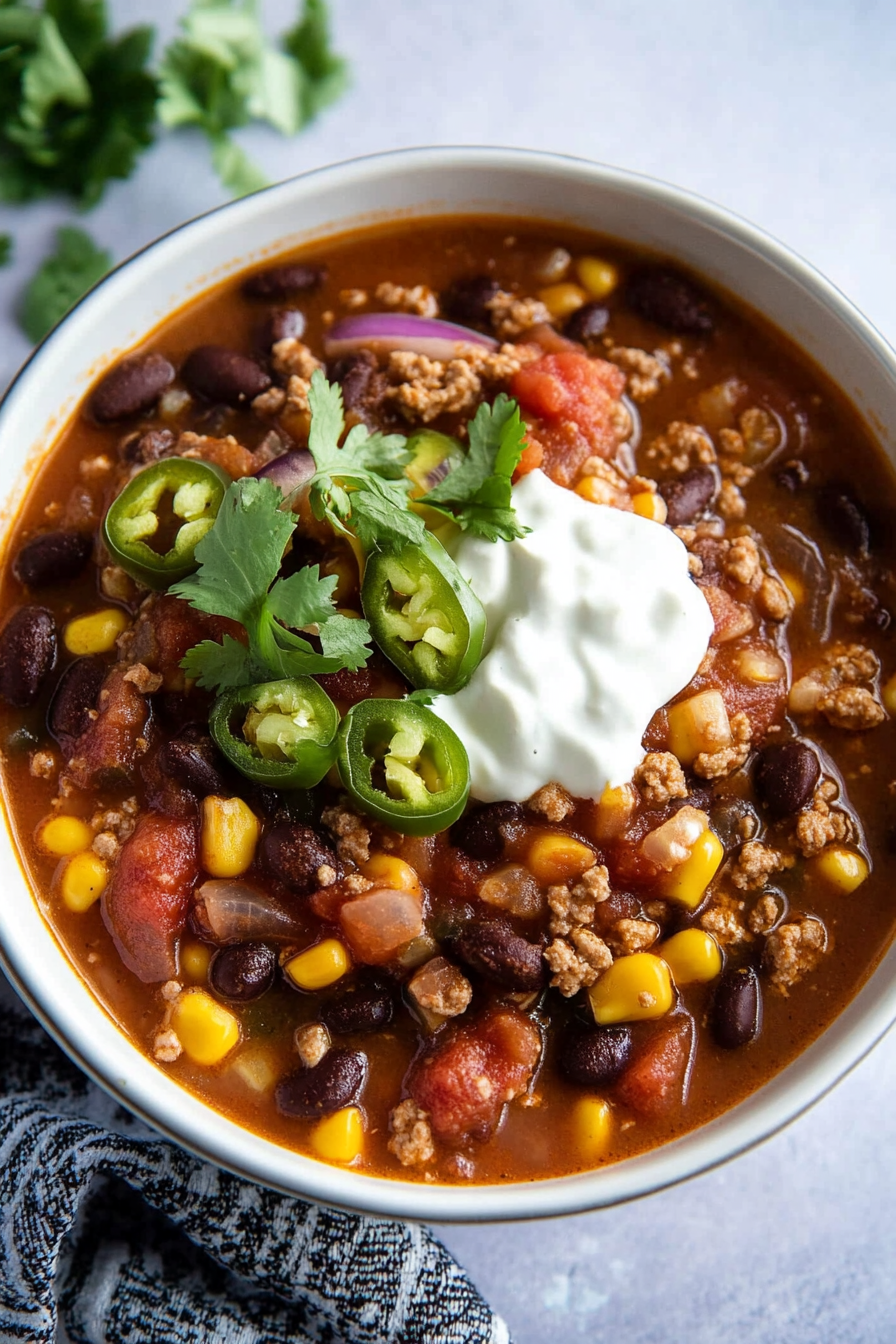 Rustic presentation of a warm, flavorful soup with creamy garnish and bright herbs.