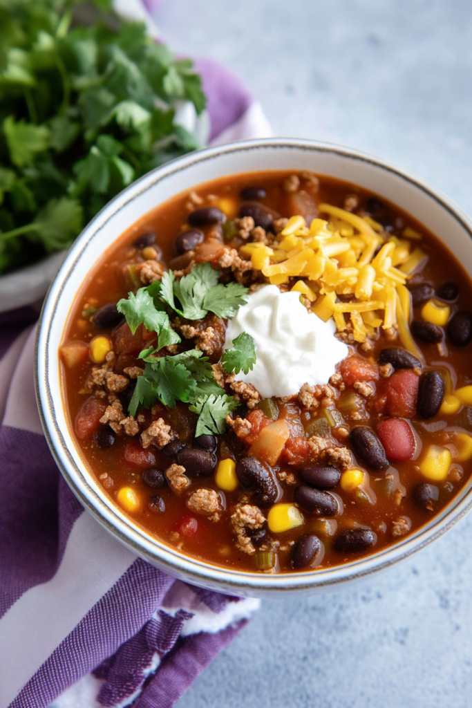 Comforting tomato-based soup filled with colorful vegetables and seasoned meat, styled for serving.