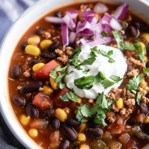 Close-up of taco-inspired soup garnished with red onions, fresh herbs, and a dollop of cream.