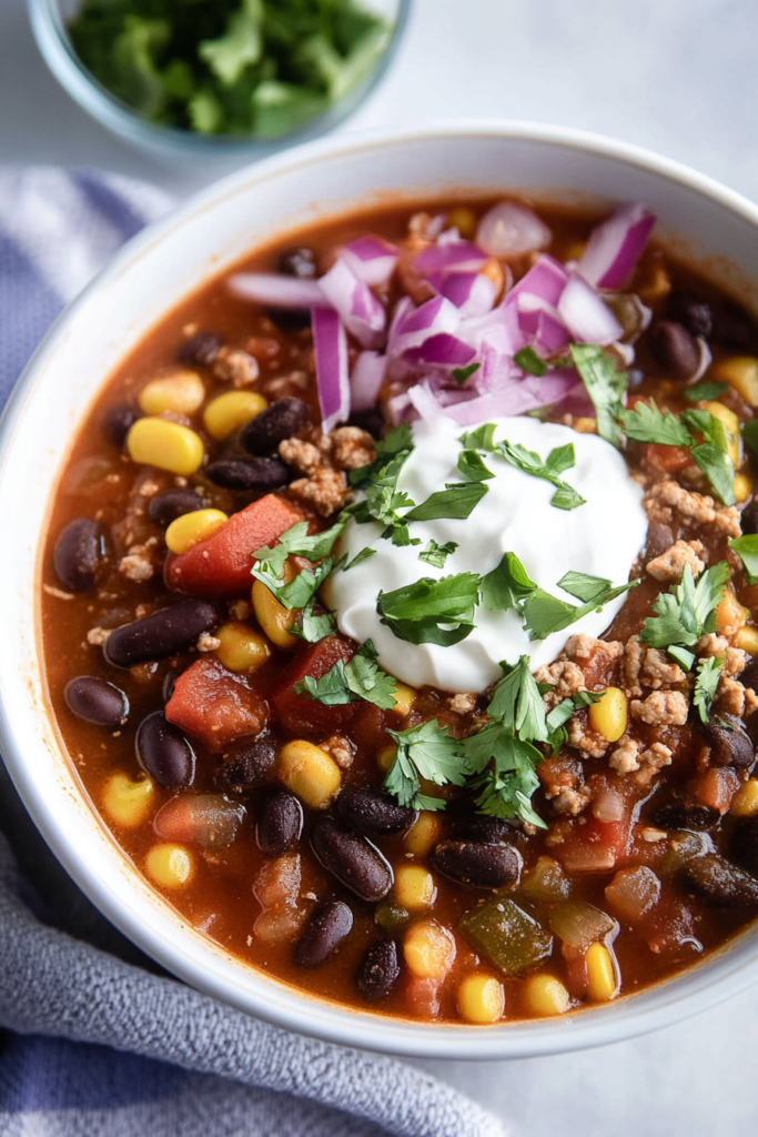 Close-up of taco-inspired soup garnished with red onions, fresh herbs, and a dollop of cream.