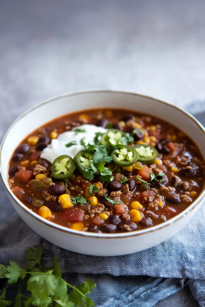 Bowl of hearty soup with beans, corn, tomatoes, and ground meat topped with sour cream and cilantro.
