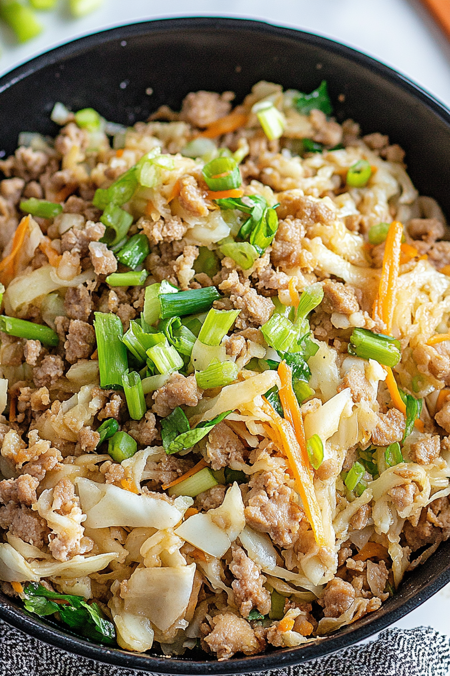Freshly cooked cabbage and carrots mixed with seasoned meat, garnished with scallions.