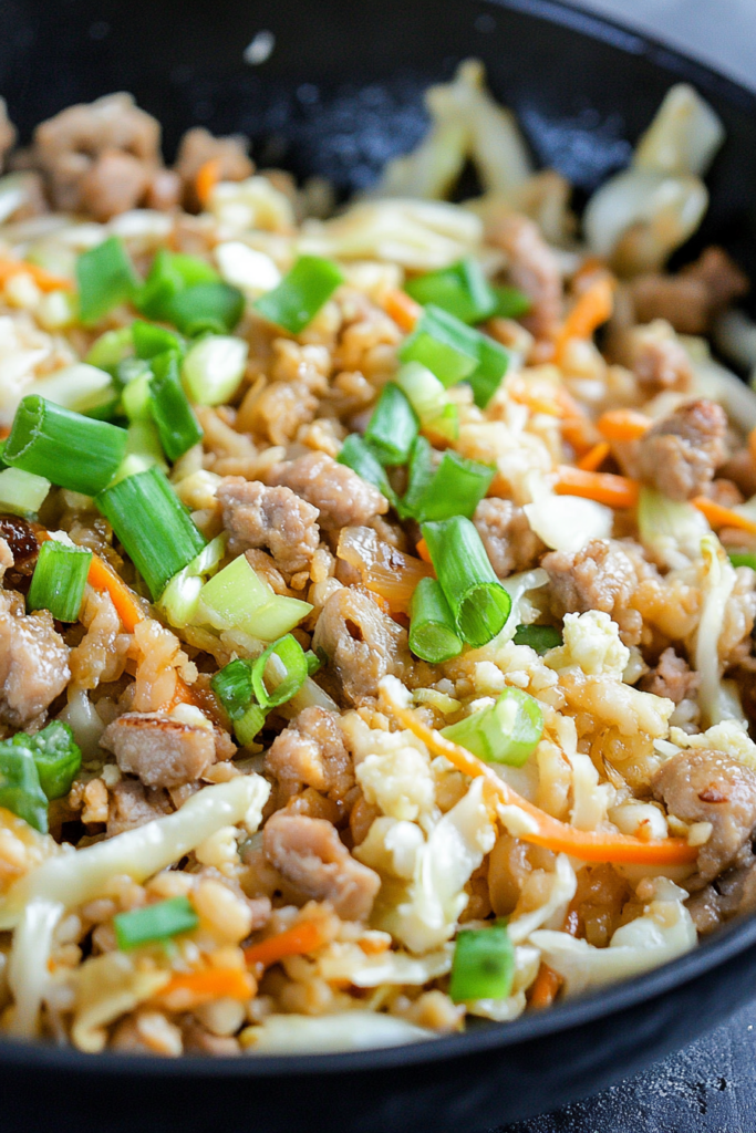 Healthy homemade stir-fry featuring shredded vegetables and savory ground meat, garnished with scallions.