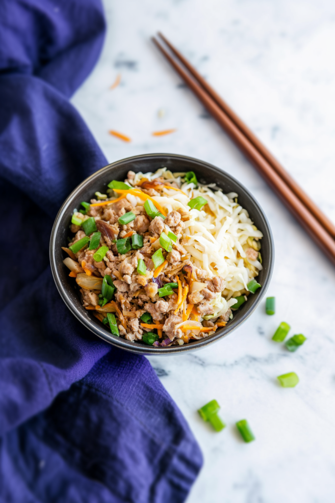 Colorful stir-fry in a bowl with cabbage, carrots, and ground meat topped with green onions.