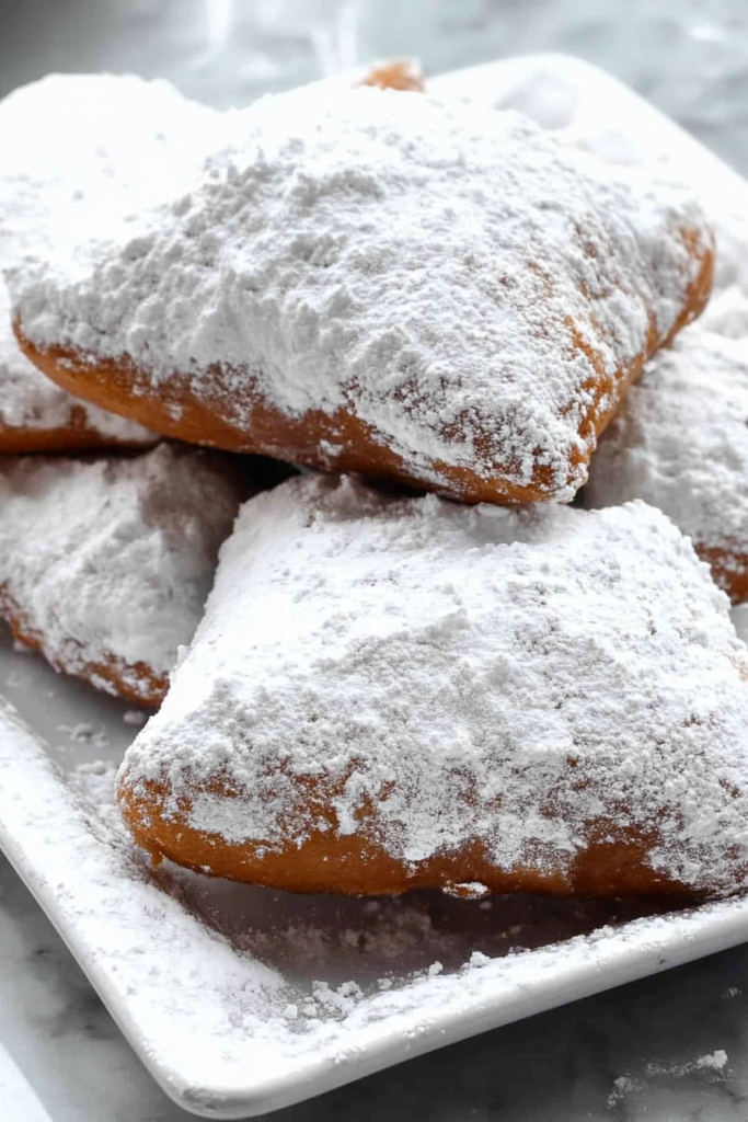 Close-up of golden fried pastries generously dusted with powdered sugar