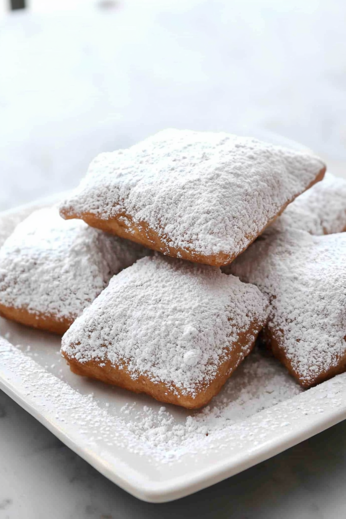 Soft square doughnuts coated in a thick layer of powdered sugar