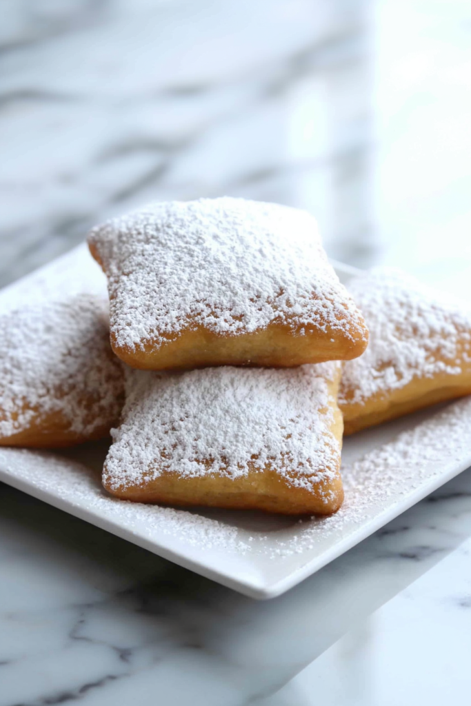 Powdered sugar-covered beignets stacked on a plate, fresh and fluffy