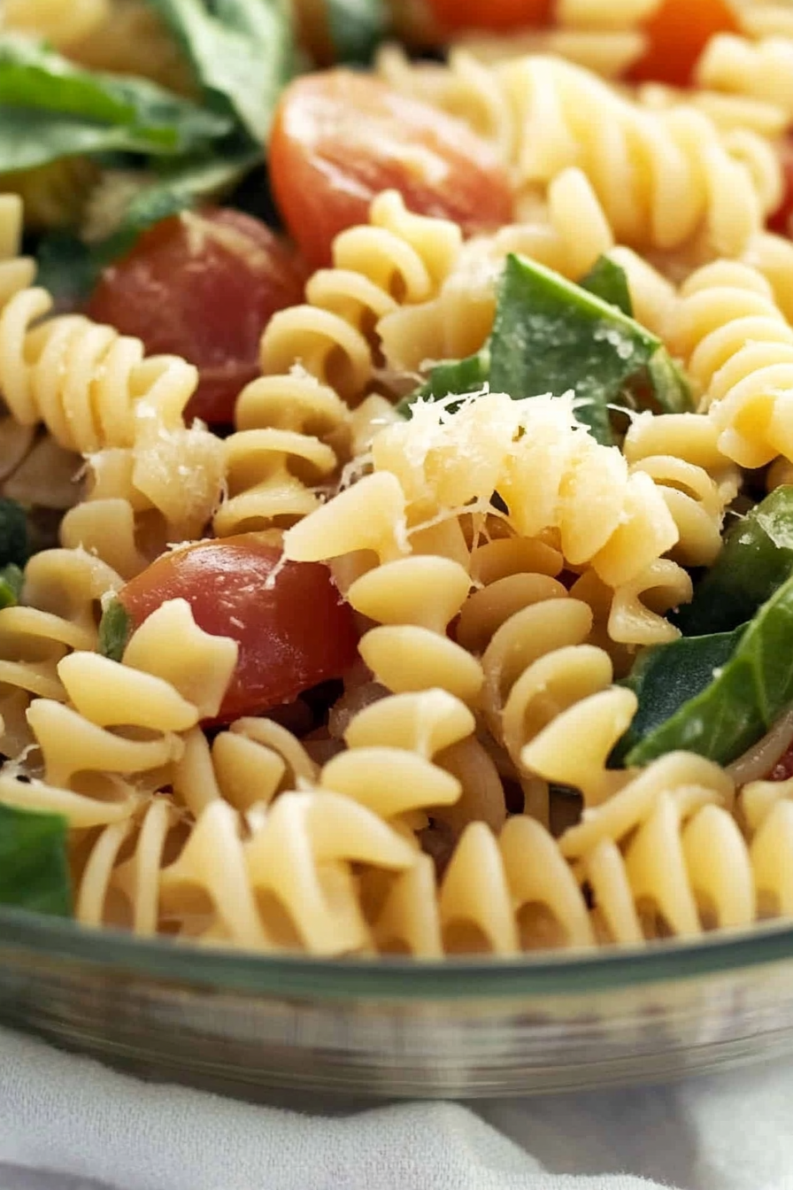 Close-up of glossy pasta with fresh greens and grated cheese, highlighting vibrant colors