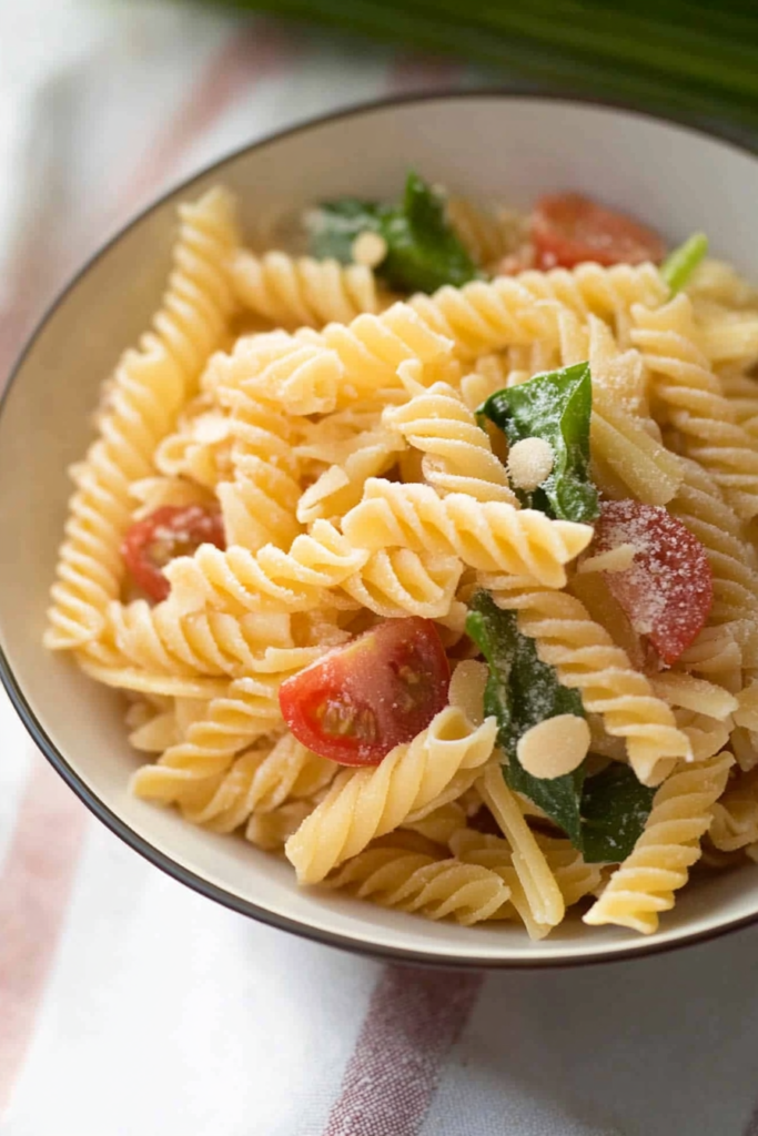 Simple pasta dish with olive oil sheen, fresh vegetables, and rustic presentation